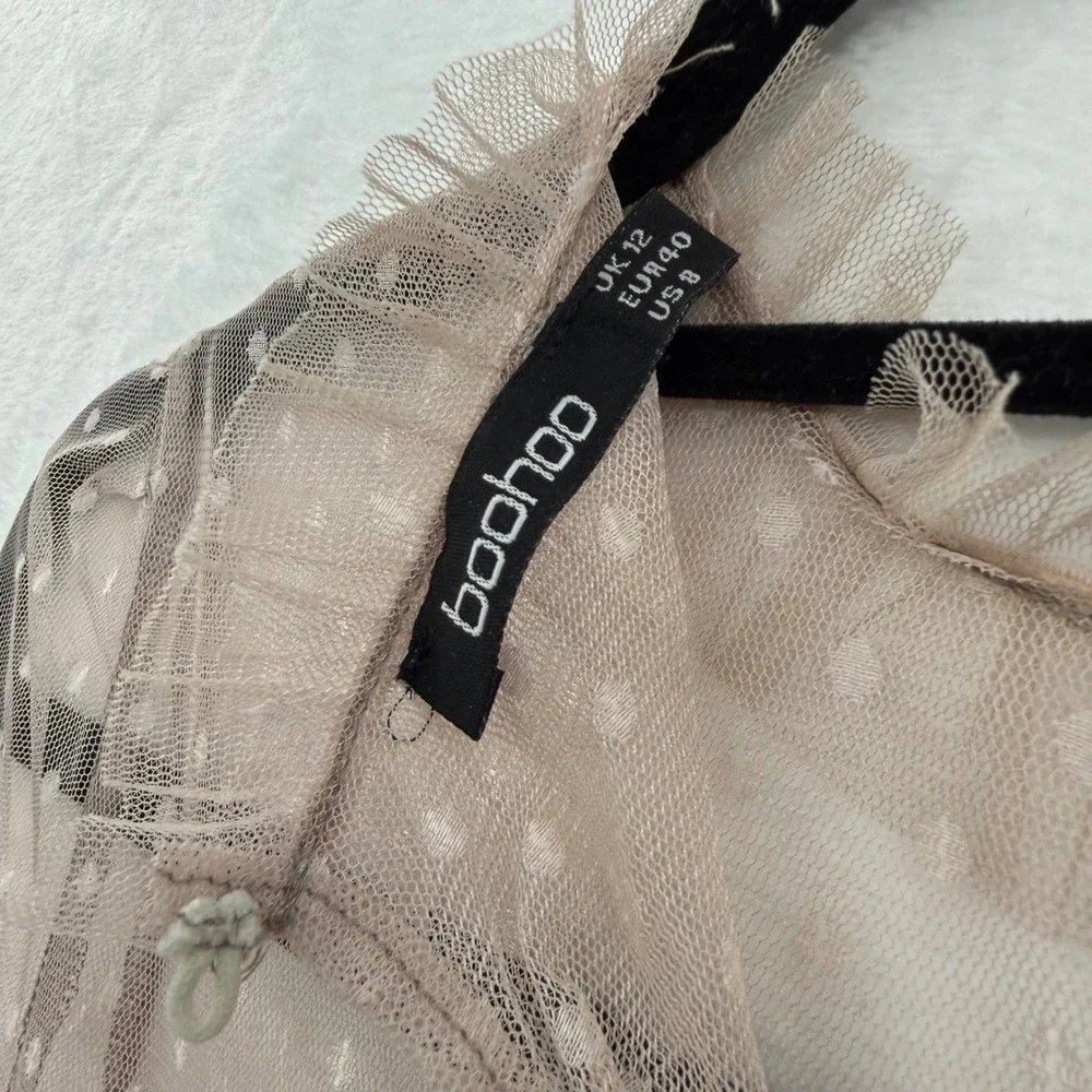 BooHoo Midi Long Sleeve Dress Tule Tiered Size 8‎ Tan Lace Sheer Romantic - Picture 2 of 13